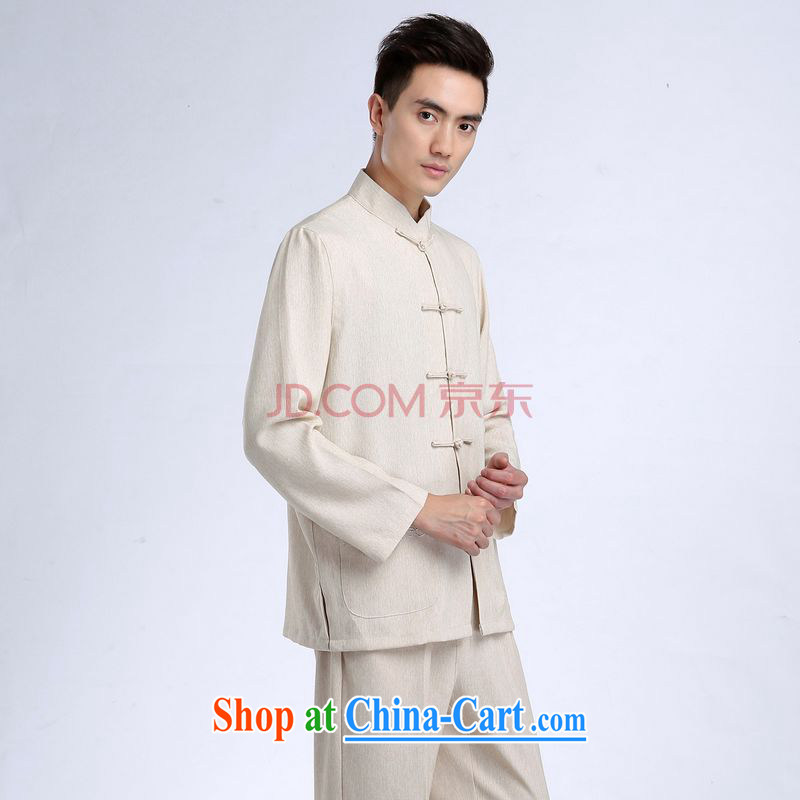 He Jing Ge Chinese men's long-sleeved jacket, collar cotton linen Chinese Kung Fu T-shirt Tai Chi clothing - 1 T-shirt XXXL