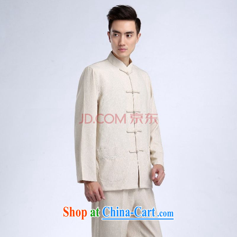 He Jing Ge tang on men's long-sleeved jacket, collar cotton linen Chinese Kung Fu T-shirt Tai Chi clothing - 1 T-shirt XXXL, Jing Ge, shopping on the Internet
