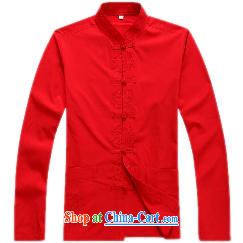 Summer middle-aged and older Chinese men and long-sleeved Chinese thin the collar shirt-tie Chinese T-shirt men's middle-aged and older long-sleeved T-shirt, older long pants father red T-shirt XXXL_190