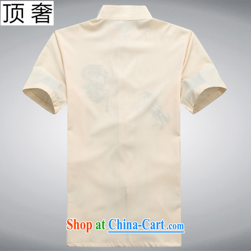 Top Luxury smock short-sleeved 2015 New Men's summer, older Chinese short-sleeve XL Ethnic Wind Han-male Chinese Dragon Chinese father with light beige 175, the top luxury, shopping on the Internet