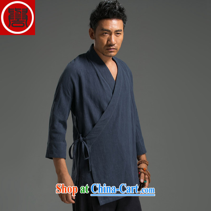 Internationally renowned Chinese wind men's casual linen V collar 7 cuff Han-blue jacket are code