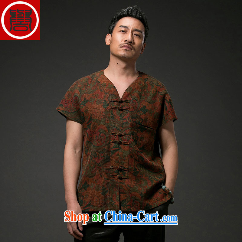 Internationally renowned Chinese wind men's Chinese short-sleeved shirt with Chinese silk silk shirts men's fragrance cloud yarn short-sleeved T-shirt wine red 4 XL