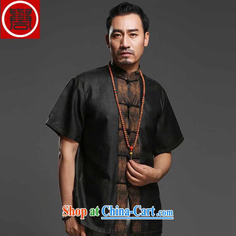 Internationally renowned men's Silk short-sleeved Chinese male Chinese shirt sauna silk shirt Hong Kong cloud yarn men's short-sleeved Tang black large 175