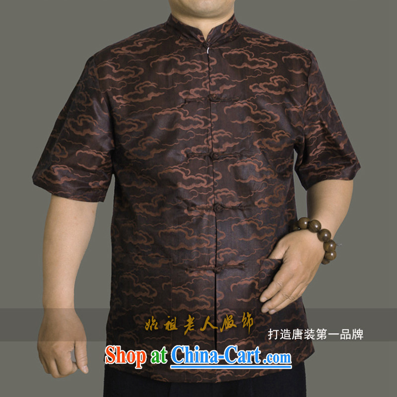 15 Mr Ronald ARCULLI new upscale tang on summer, older men's short-sleeved Xiangyun fragrant cloud yarn Tang fitted T-shirt S 809 180 Brown, Adam, elderly, and shopping on the Internet
