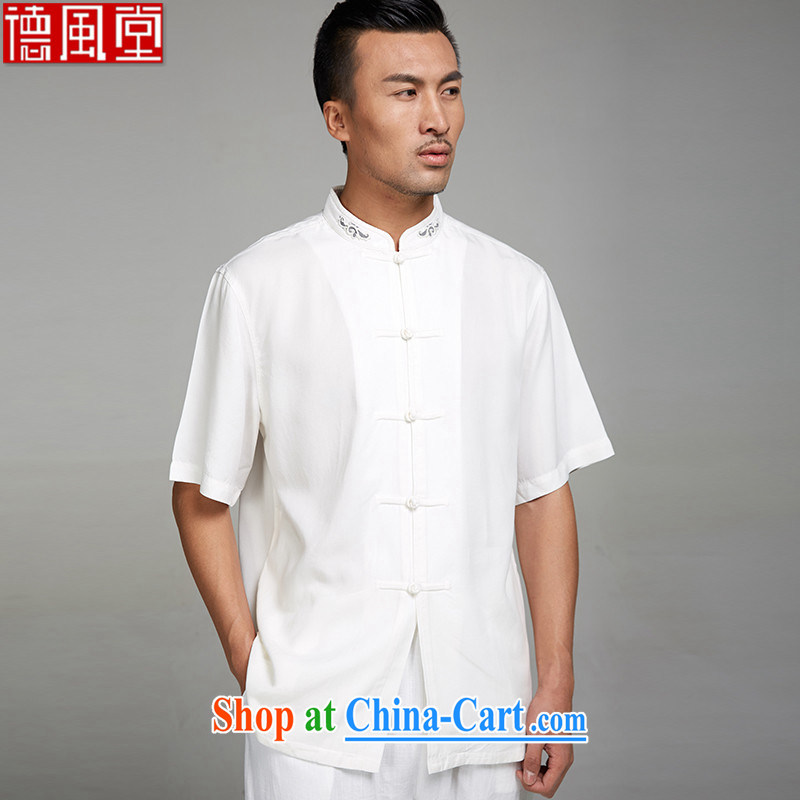De-Tong Lin white 2015 new 100% days, summer men Tang with a short-sleeved ethnic wind standard embroidery Chinese clothing white XL, de-tong, shopping on the Internet