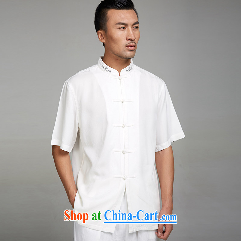 De-Tong Lin white 2015 new 100% days, summer men Tang with a short-sleeved ethnic wind standard embroidery Chinese clothing white XL, de-tong, shopping on the Internet