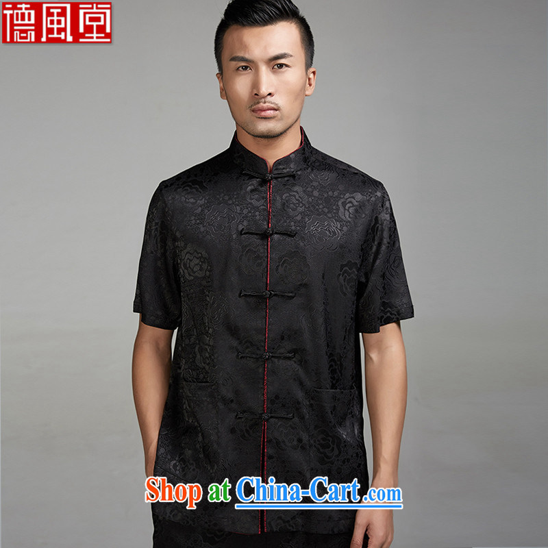 Wind, Michael Tong Jun 2015 summer new 100% Polyester half sleeve-tie men's Chinese short-sleeve Ethnic Wind Chinese clothing black XXL, de-tong, shopping on the Internet