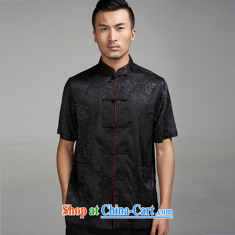 Wind, Michael Tong Jun 2015 summer new 100% Polyester half sleeve-tie men's Chinese short-sleeve Ethnic Wind Chinese clothing black XXL, de-tong, shopping on the Internet