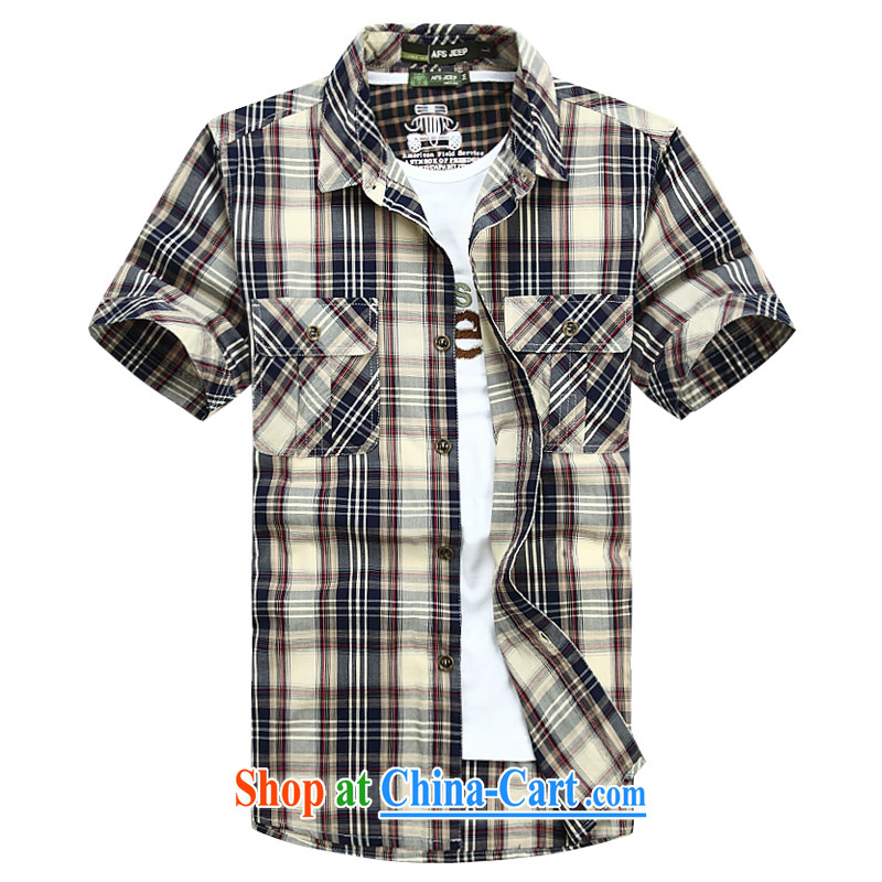 Jeep shield Chinese male checkered shirt short-sleeved striped lapel shirt larger half sleeve leisure Youth Business shirt 6822 blue L
