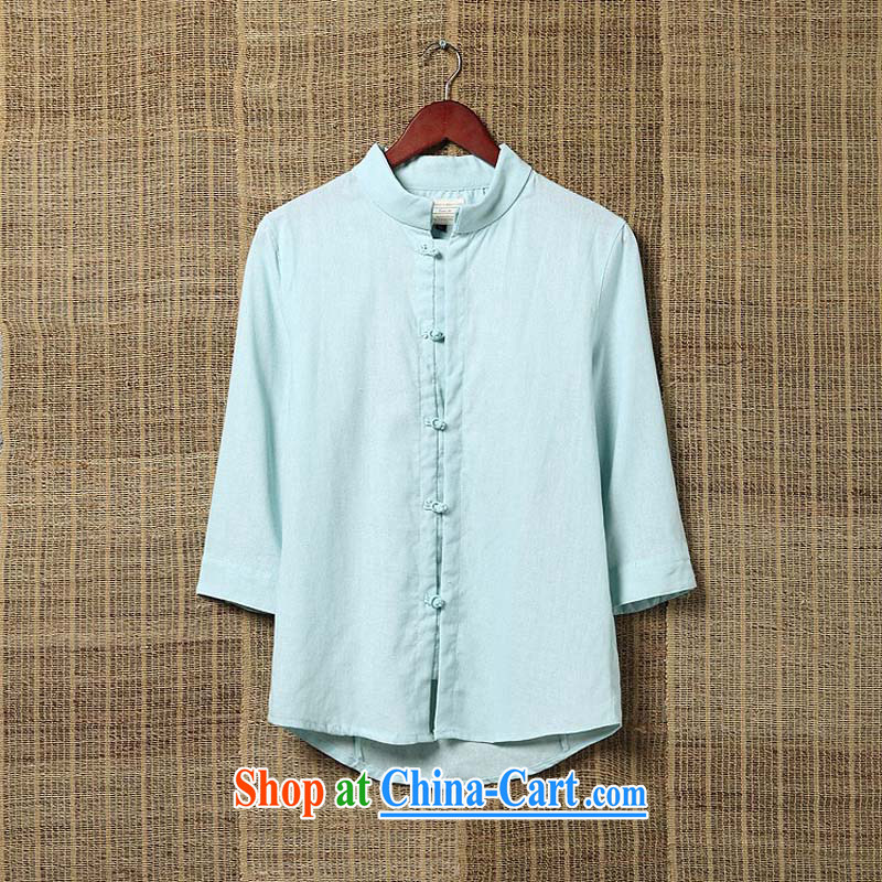 Extreme first 2015 summer China wind culture T-shirt Tang is a collar-tie men's shirts 7 sub-sleeved linen shirt men's powder blue XXL