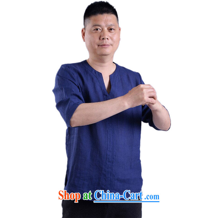 Princess Selina CHOW in 2015 new Chinese men's casual cotton mA short-sleeved Chinese Wind and summer linen Chinese solid-colored retro short-sleeved male V collar T pension blue 170 pictures, price, brand platters! Elections are good character, the national distribution, so why buy now enjoy more preferential! Health