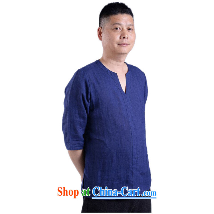 Princess Selina CHOW in 2015 new Chinese men's casual cotton mA short-sleeved Chinese Wind and summer linen Chinese solid-colored retro short-sleeved male V collar T pension blue 170 pictures, price, brand platters! Elections are good character, the national distribution, so why buy now enjoy more preferential! Health