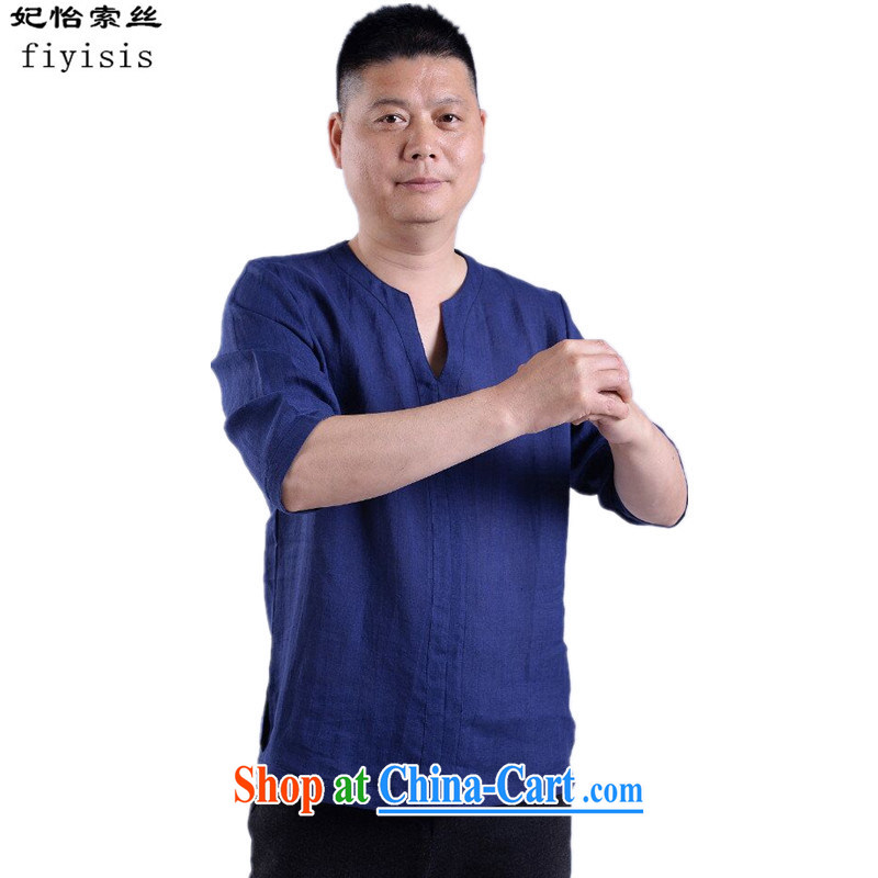 Princess Selina CHOW in 2015 new Chinese men's casual cotton mA short-sleeved Chinese Wind and summer linen Chinese solid-colored retro short-sleeved male V collar T pension blue 170
