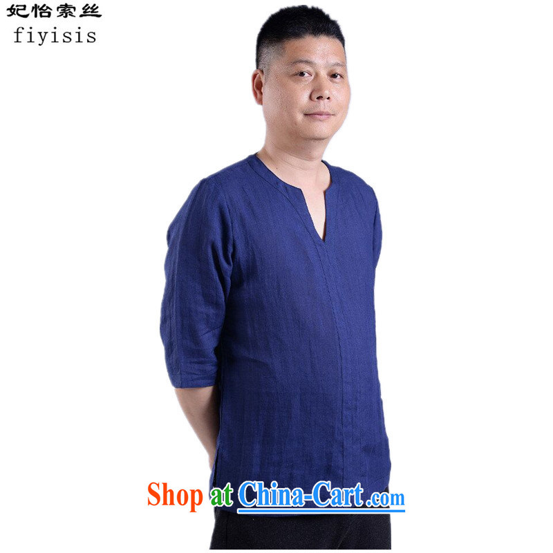 Princess Selina CHOW in 2015 new Chinese men's casual cotton mA short-sleeved Chinese Wind and summer linen Chinese solid-colored retro short-sleeved male V collar T pension blue 170, Princess Selina Chow (fiyisis), online shopping