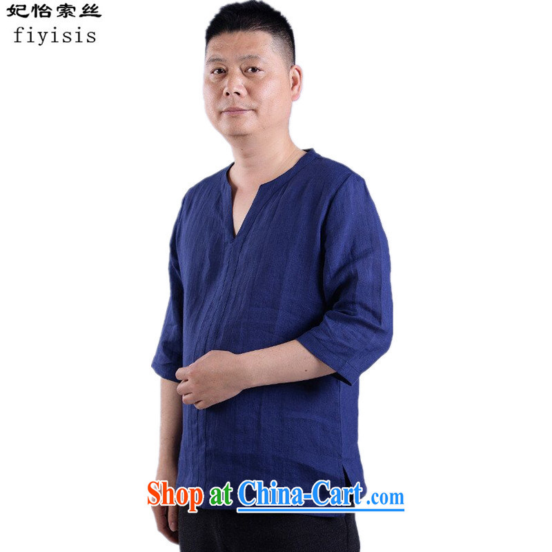 Princess Selina CHOW in 2015 new Chinese men's casual cotton mA short-sleeved Chinese Wind and summer linen Chinese solid-colored retro short-sleeved male V collar T pension blue 170, Princess Selina Chow (fiyisis), online shopping