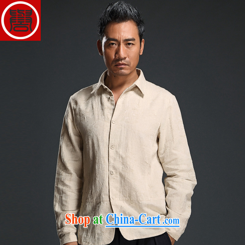 Internationally renowned men's jacquard long-sleeved T-shirt lapel men and national costumes China wind men's shirts fall with improved Chinese shirt and light yellow _XXXL_