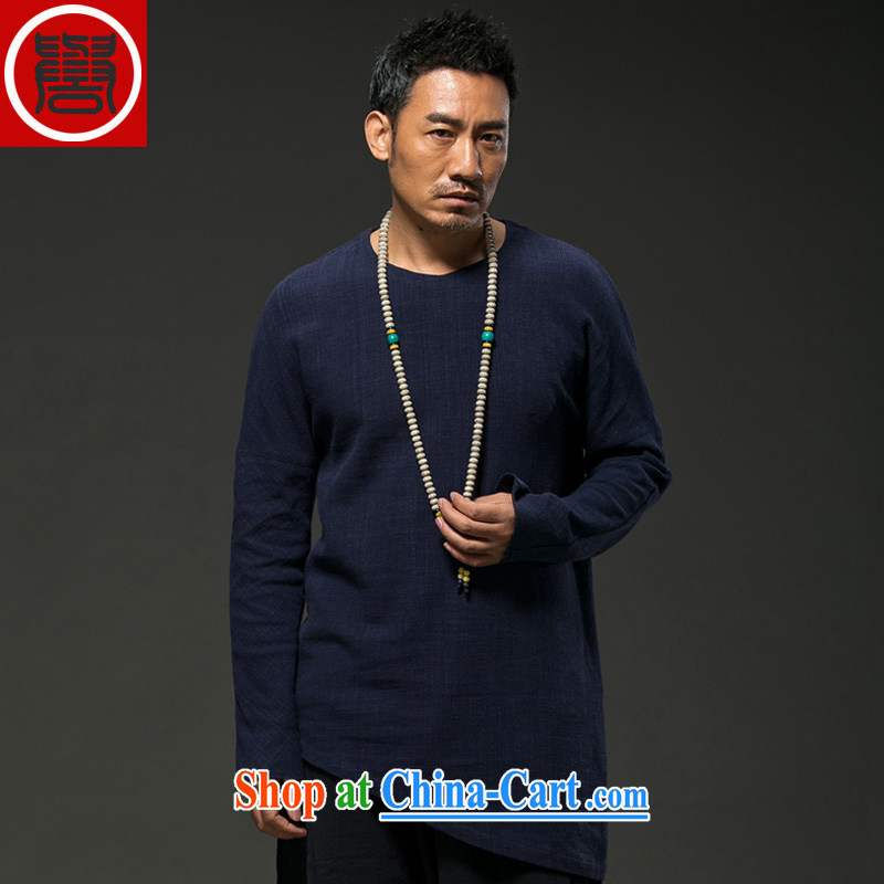 Internationally renowned autumn 2015 China wind men's linen long-sleeved shirt T han-blue T-shirt _XXXL_