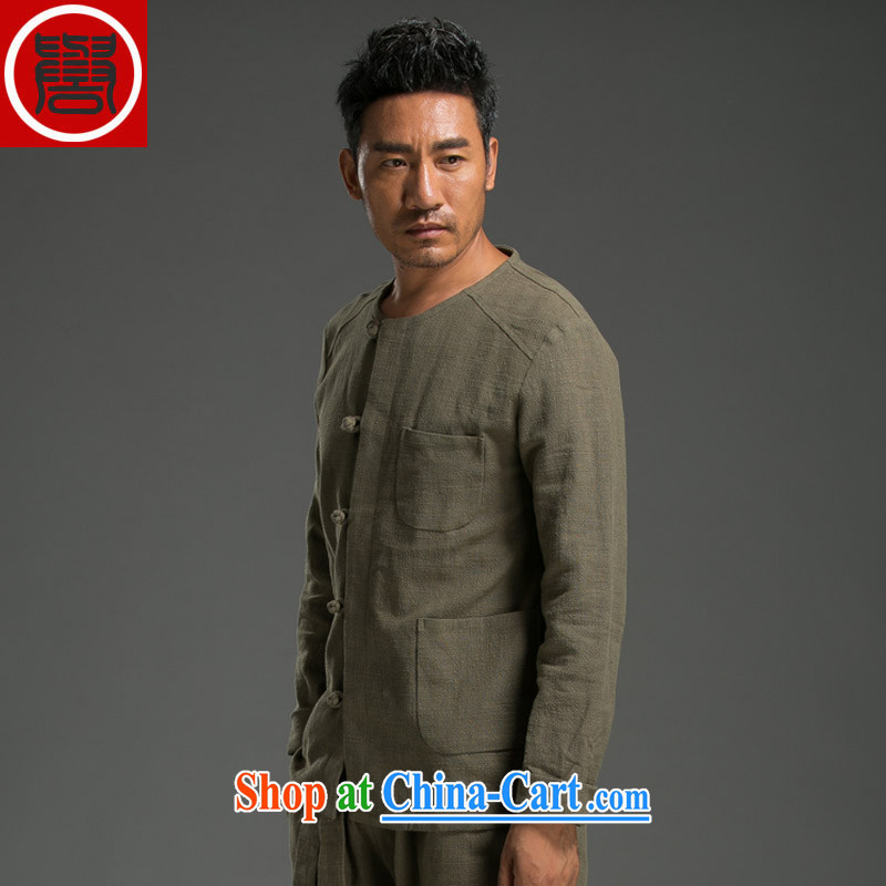 Internationally renowned Chinese male China autumn wind load long-sleeved Ethnic Wind Chinese round-collar new smock-tie Han-Man Kung Fu T-shirt T-shirt _Army green_ Movement _3_ XL