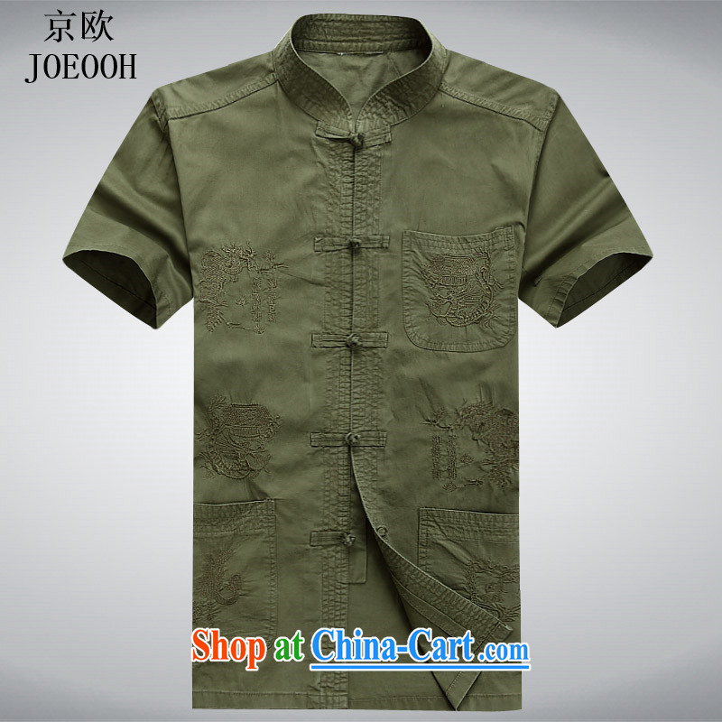 Beijing in the older Chinese men's short-sleeve T-shirt China wind older persons clothing exercise clothing cotton father jackets on T-shirt military green XXXL