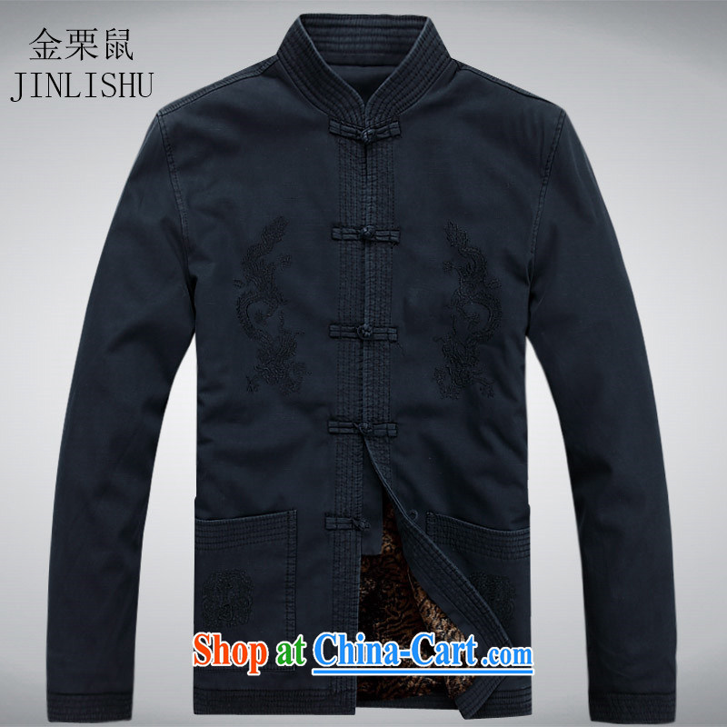 The poppy the mouse and replace the collar-tie shirt cotton Chinese men and solid long-sleeved T-shirt Chinese shirt spring deep blue XXXL