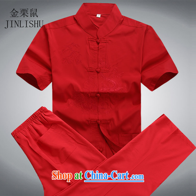 Kim Jong-il chestnut Mouse middle-aged and older Chinese package short-sleeved older persons in men's father with summer T-shirt pants Red Kit L, the chestnut mouse (JINLISHU), shopping on the Internet