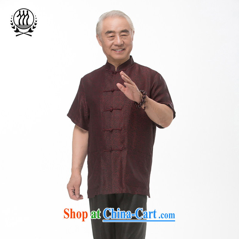 short-sleeved short summer load new products men's fragrance cloud yarn and silk Tang is short-sleeved, older men with short T-shirt China wind men's Silk short-sleeved Chinese incense cloud yarn dark red XXXL_190