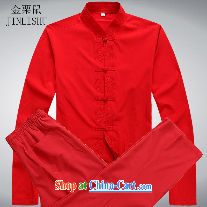 The chestnut mouse spring middle-aged and older Chinese men and long-sleeved T-shirt, older Chinese Kit Chinese Han-set long-sleeved red kit XXXL