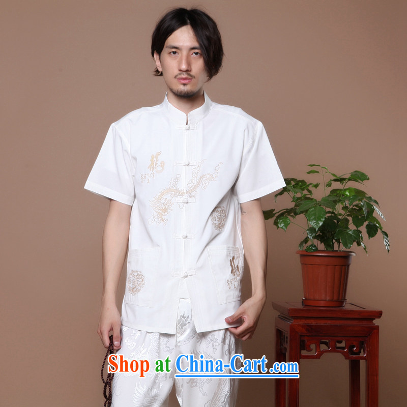 spend the summer with new men's Chinese Chinese for hard-pressed Tai Chi uniforms, for Chinese dragon short sleeve male Chinese T-shirt white 2XL