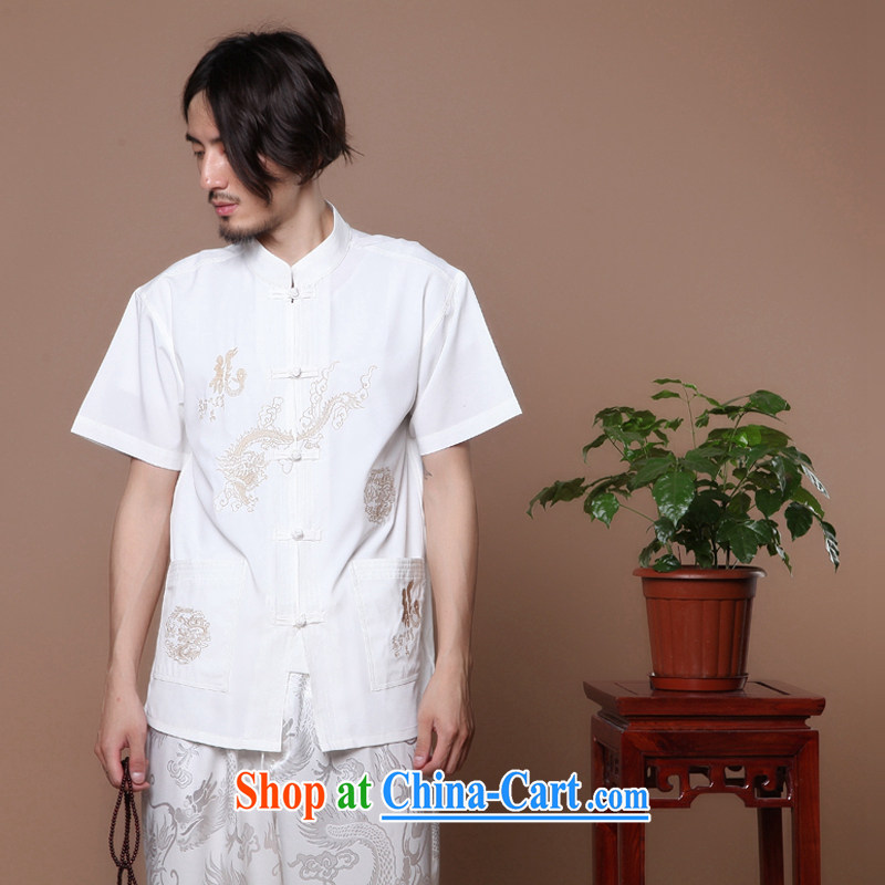 spend the summer with new men's Chinese Chinese in the flap Tai Chi uniforms, for Chinese dragon short-sleeved men's Chinese T-shirt white 2XL, figure, and shopping on the Internet