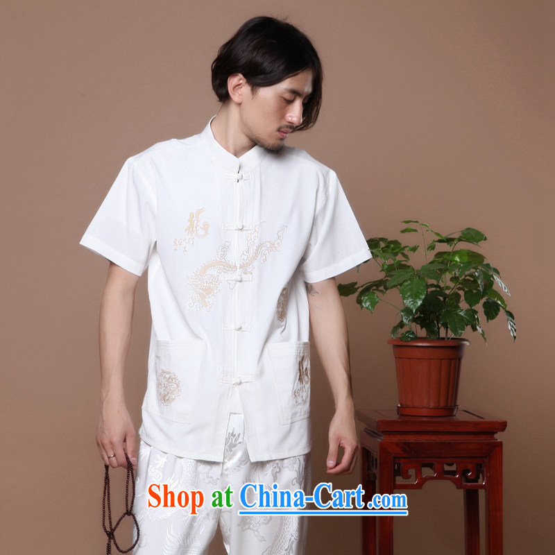 spend the summer with new men's Chinese Chinese in the flap Tai Chi uniforms, for Chinese dragon short-sleeved men's Chinese T-shirt white 2XL, figure, and shopping on the Internet