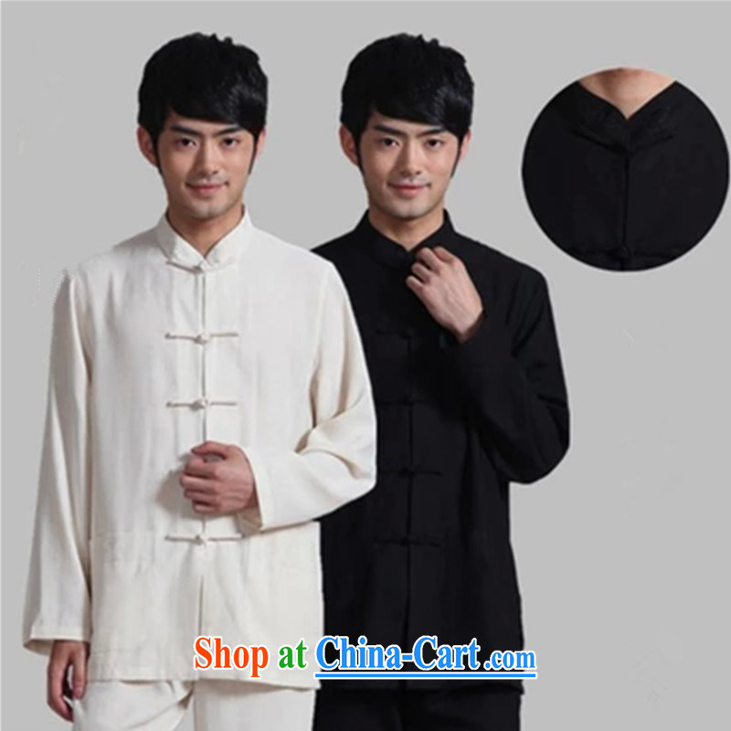 Chinese men's long-sleeved cotton the old rough-tie up for solid T-shirt autumn and winter, black T-shirt XXXL, adfenna, shopping on the Internet