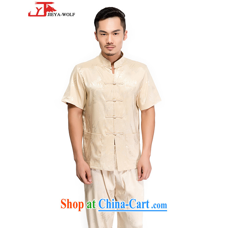 Cheng Kejie, Jacob - Wolf JIEYA - WOLF new kit Tang on men's short-sleeved summer advanced silk Dragon pattern handcrafted Tray Port Tai Chi, pale yellow 165/S, JIEYA - WOLF, shopping on the Internet