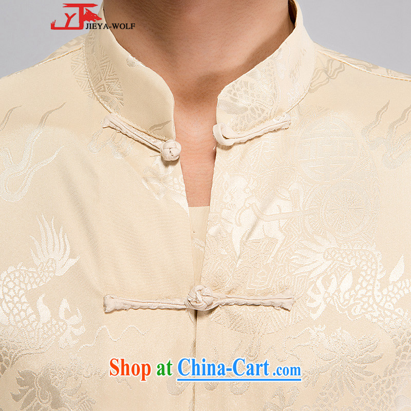 Cheng Kejie, Jacob - Wolf JIEYA - WOLF new kit Tang on men's short-sleeved summer advanced silk Dragon pattern handcrafted Tray Port Tai Chi, pale yellow 165/S, JIEYA - WOLF, shopping on the Internet