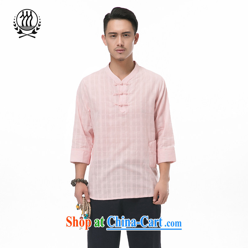 Summer is for men's 9 sub-cuff cotton mA short-sleeved Chinese V T-shirt collar-tie kit and cotton the men short-sleeved T-shirt ethnic wind men 9 cuff cotton Ma Tang replace meat pink L_175