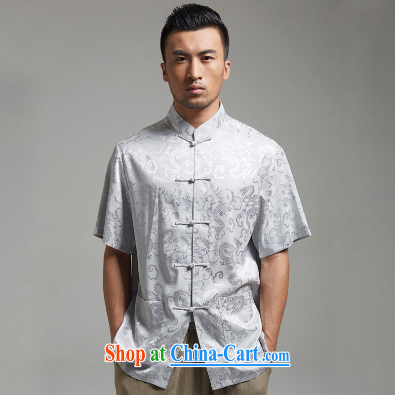 De wind turbine hall, Canada embroidered dragon short-sleeved Chinese summer 2015 new Chinese ethnic wind and light gray 4 XL, wind, and shopping on the Internet