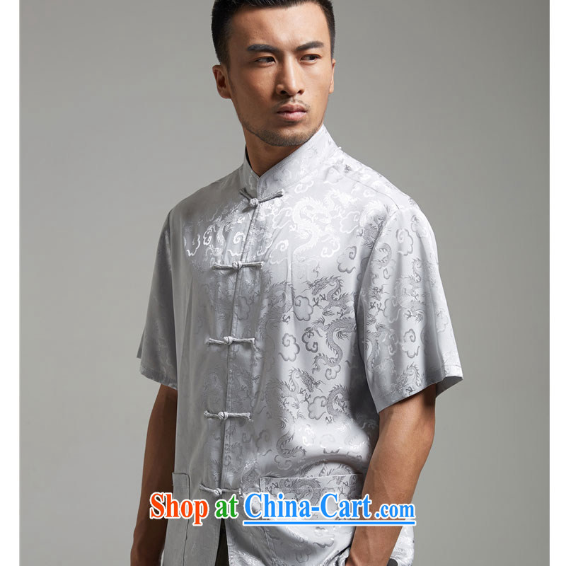 De wind turbine hall, Canada embroidered dragon short-sleeved Chinese summer 2015 new Chinese ethnic wind and light gray 4 XL, wind, and shopping on the Internet