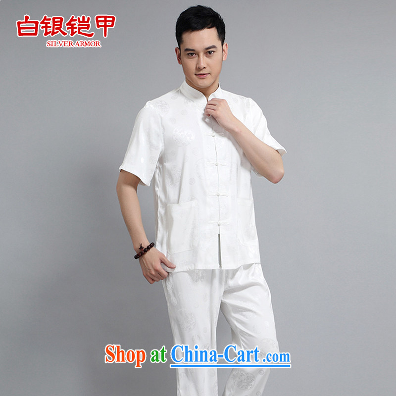 Silver armor Tang replace short-sleeved men's spring and summer with older people in linen Tang replace short-sleeved men's Tang replace short sleeve fitted dress male White_185