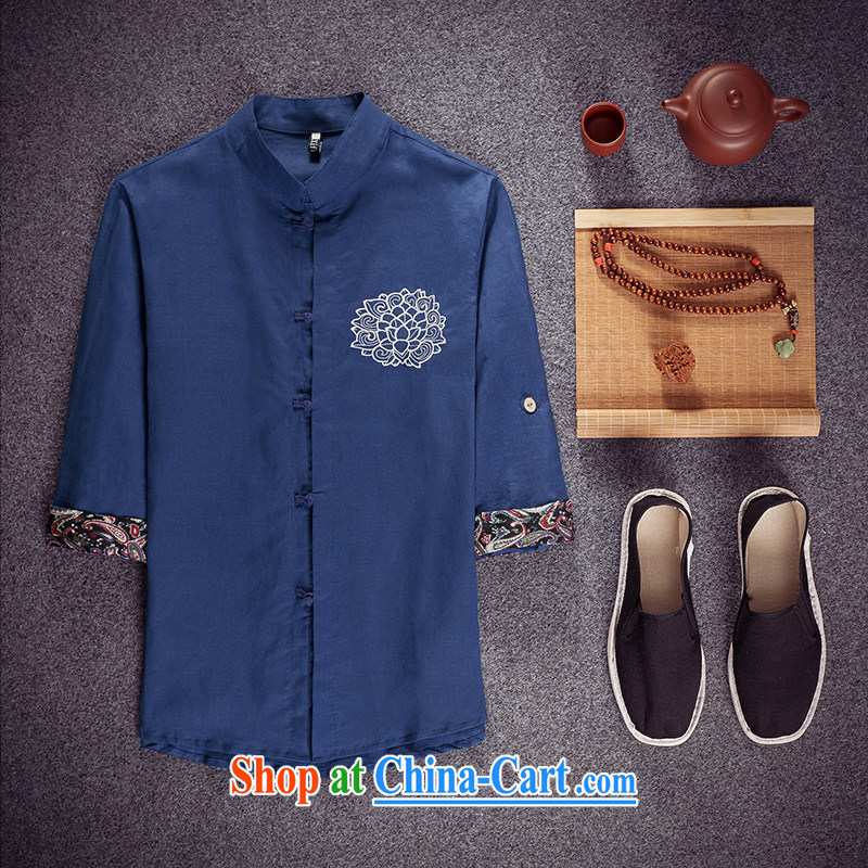 Extreme first autumn 2015 men's Chinese shirt China wind culture T-shirt 7 sub-sleeved shirts cuff in linen and the fat shirt Navy 4 XL