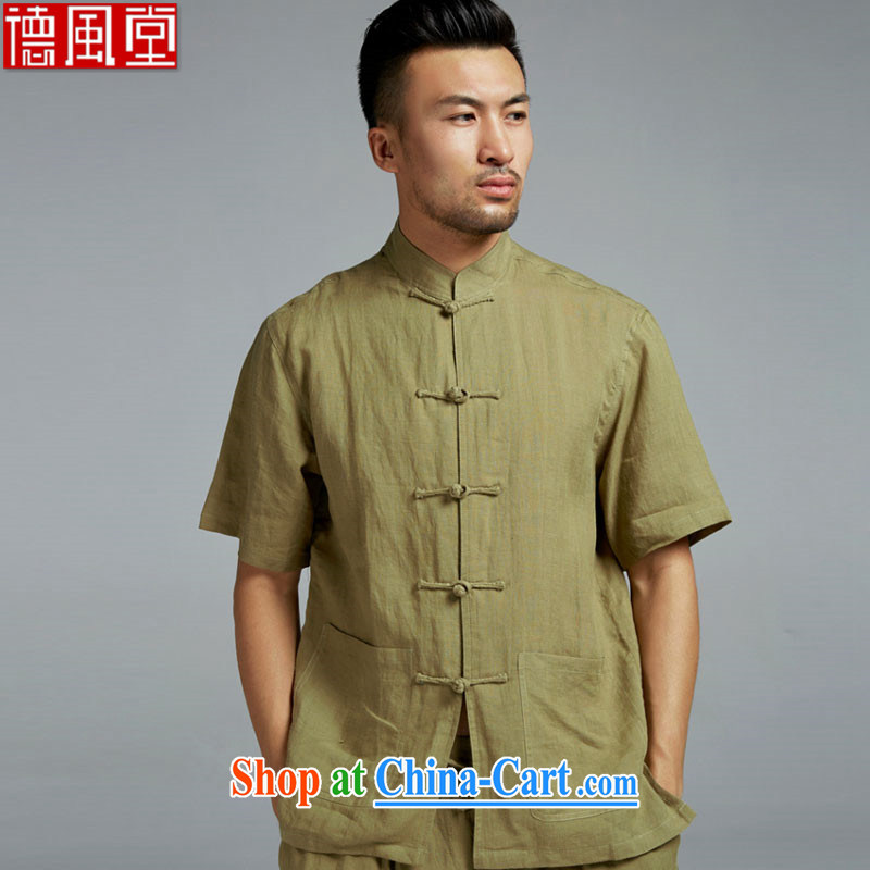 De-tong water linen men Chinese short-sleeved T-shirt summer Chinese-tie shirt cool breathable China wind men's army green XXL