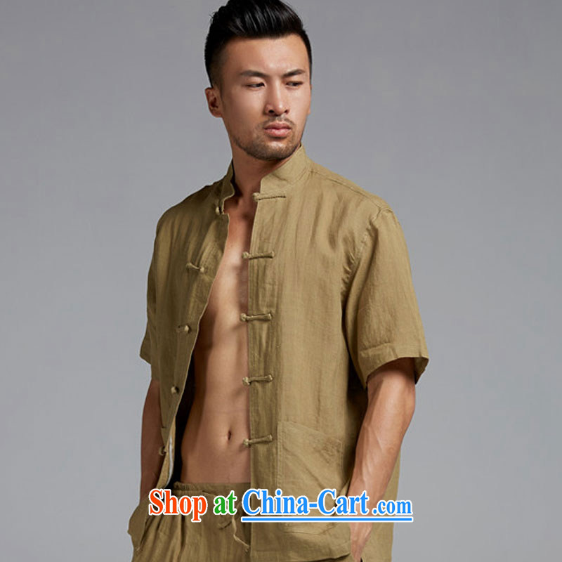 De-tong water linen men's Chinese short-sleeved T-shirt summer Chinese-tie shirt cool breathable China wind men's army green XXL, wind, and shopping on the Internet