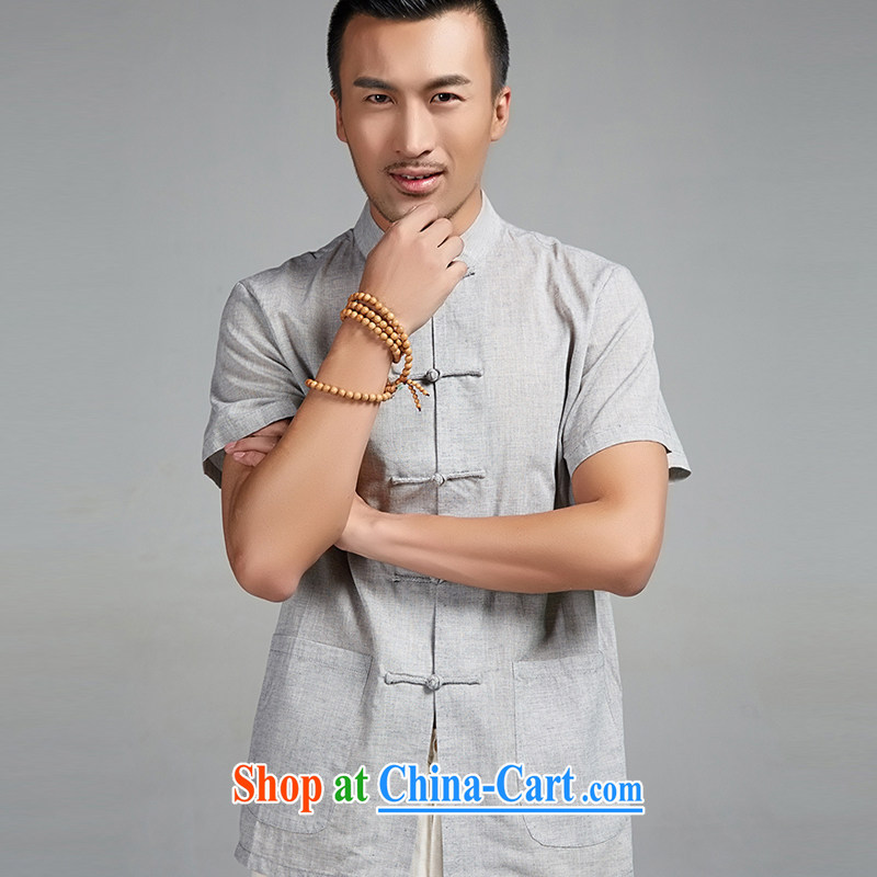 De-tong cicada wing 2015 new summer cotton mA short-sleeve hand-tie men's Chinese Youth shirt thin Chinese clothing gray 4 XL, wind, and shopping on the Internet