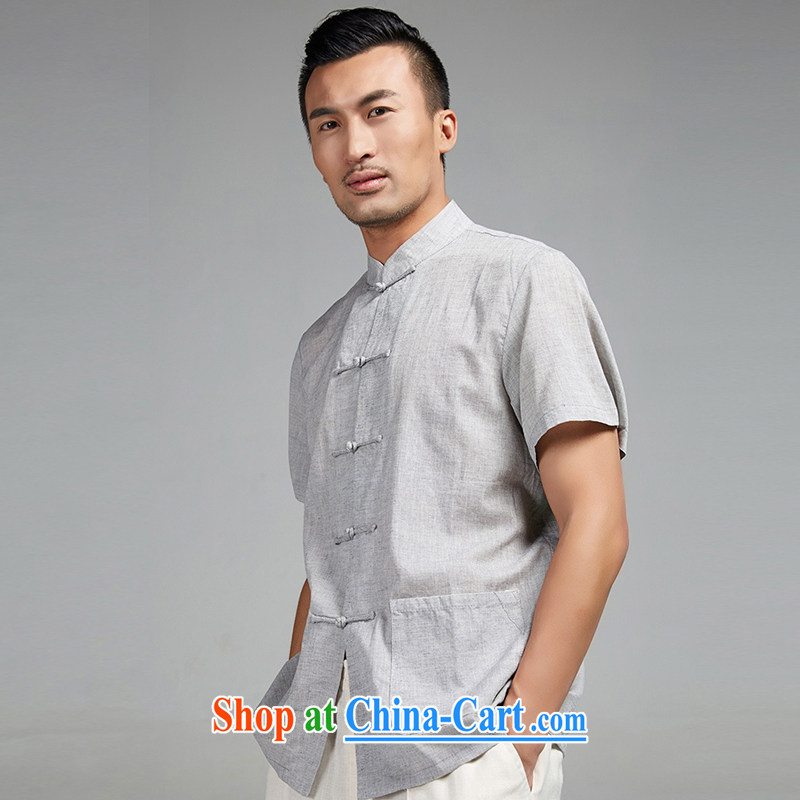 De-tong cicada wing 2015 new summer cotton mA short-sleeve hand-tie men's Chinese Youth shirt thin Chinese clothing gray 4 XL, wind, and shopping on the Internet