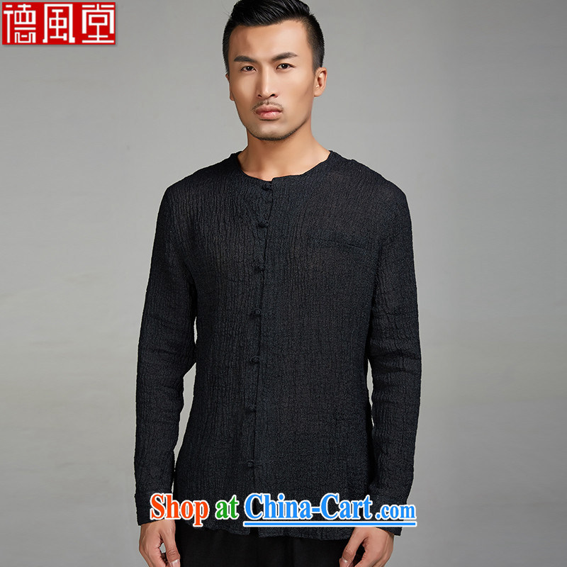 De-Tong Ching virtual 2015 new ramie cloth long-sleeved Chinese wind men Tang with solid T-shirt youth, no collar shirt Chinese clothing black XXL