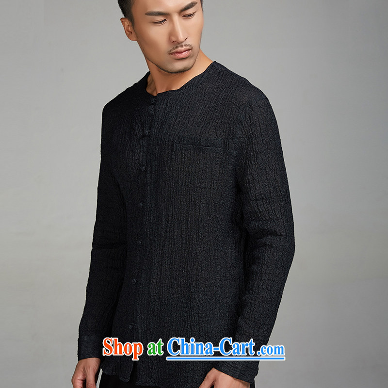 De-Tong Ching virtual 2015 new ramie cloth long-sleeved Chinese wind men Tang with solid T-shirt youth, no collar shirt Chinese clothing black XXL, de-tong, shopping on the Internet