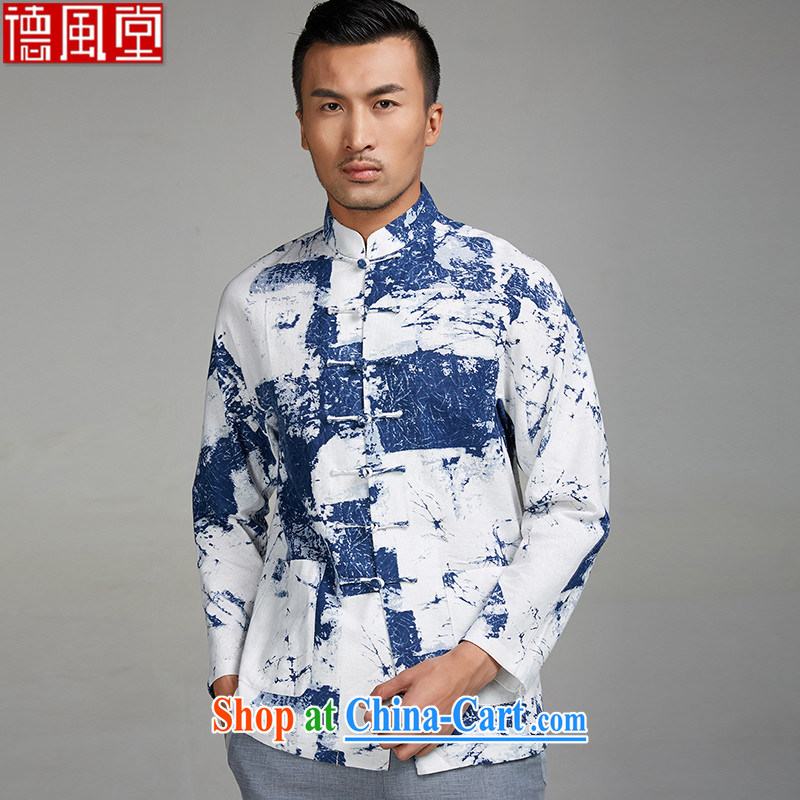 De-tong the Jun 2015 new 100% Cotton Men's Chinese long-sleeved T-shirt Chinese, T-shirts with side pockets blue and white XXXL, de-tong, and shopping on the Internet