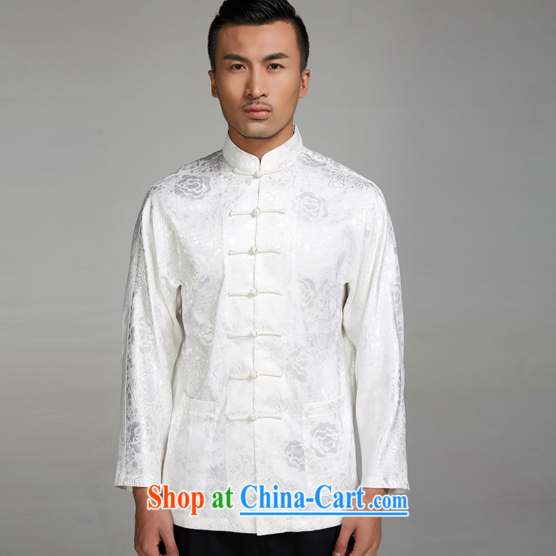 De-tong Mong Jun 2015 new 100% Polyester Chinese men and long-sleeved T-shirt, tie side pockets Chinese clothing white XXXL, de-tong, shopping on the Internet