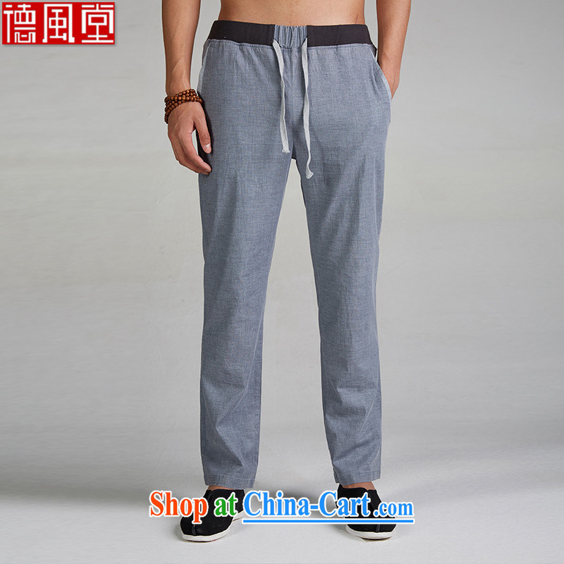 De-tong by mine 2015 spring and fall new Chinese men's trousers cotton the Chinese pants tapestry waist Elastic waist Chinese clothing light blue XXXL, de-tong, shopping on the Internet