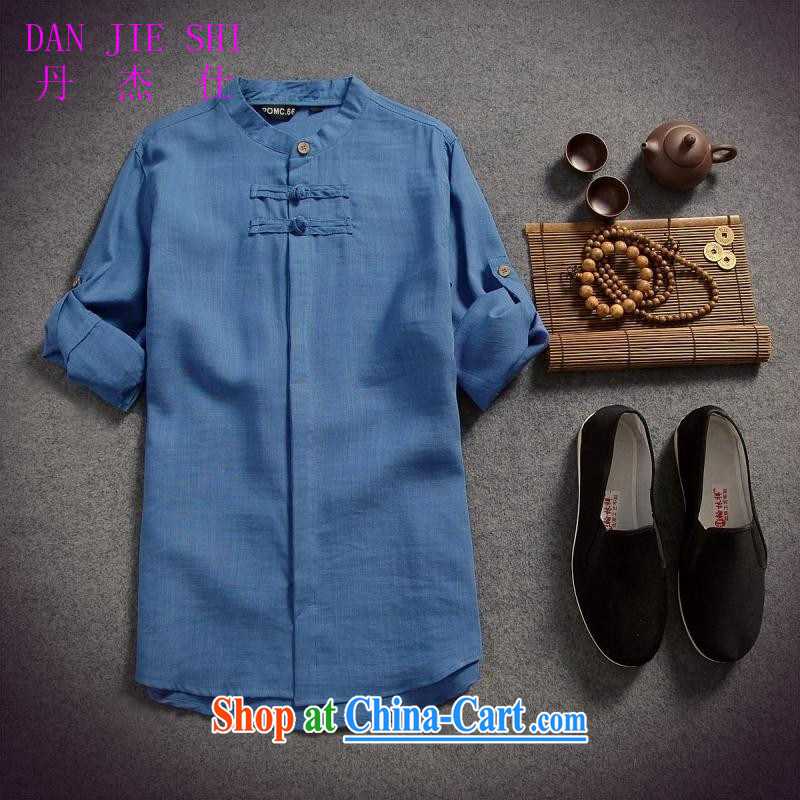Dan Jie Shi 2015 spring and summer put men's cotton the linen shirt men and the charge-back 7 T-shirt T-shirt original China wind beauty, Peacock Blue XXL