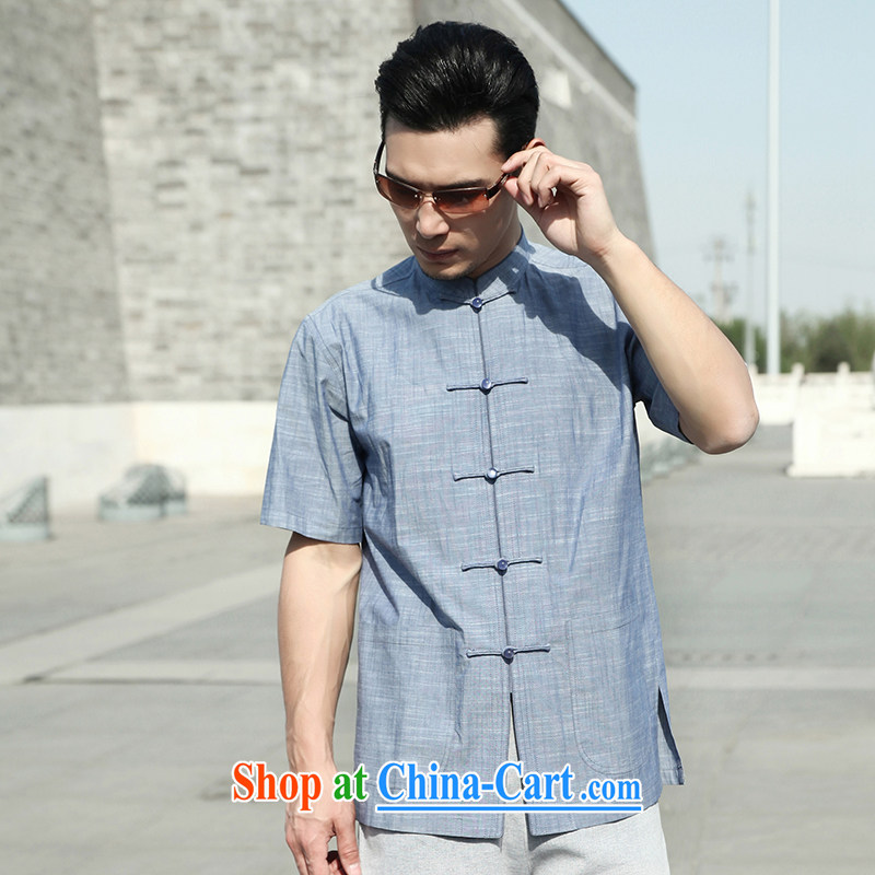 Tibetan swords into plowshares men's summer short with cotton worsted T-shirt with short sleeves and collar-tie China wind blue 158,018 175/L, hiding their swords into plowshares, and shopping on the Internet