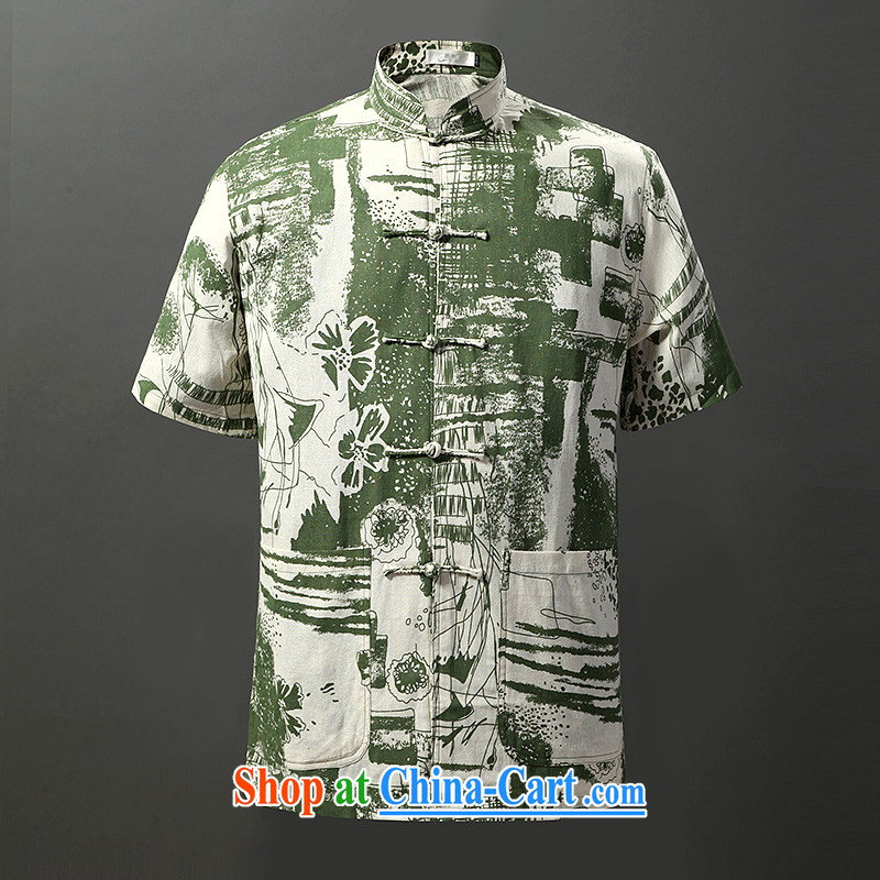 Tibetan swords into plowshares men's summer Chinese cotton the ethnic style Chinese short-sleeved shirt 6013 green 190_XXXL